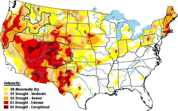 A moderate to exceptional drought (D1 to D4) was ongoing in the western United States on 10/06/2020.