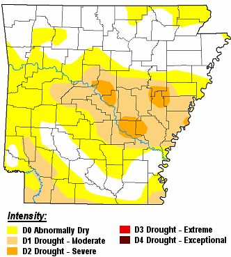 There were moderate to severe drought (D1/D2) conditions in central and southern Arkansas on 09/26/2023.