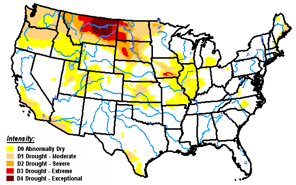 A severe to exceptional drought (D2 to D4) was crippling farming/ranching operations in Montana and the Dakotas on 09/12/2017.