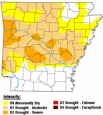 There were widespread moderate to severe drought (D1/D2) conditions across much of Arkansas (except the south and northeast) on 09/20/2022.