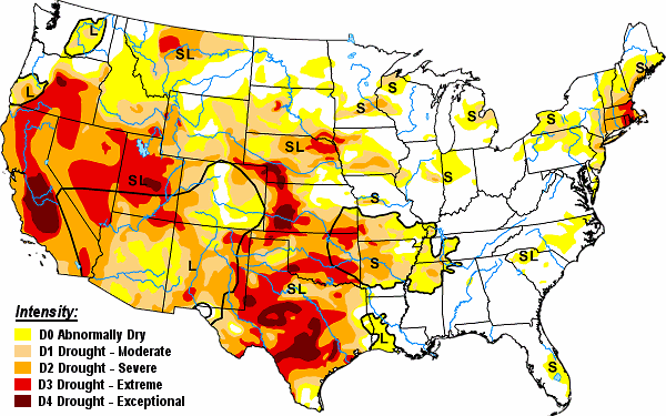 Drought conditions were widespread in the western and central United States, parts of the Great Lakes, and New England on 08/23/2022.