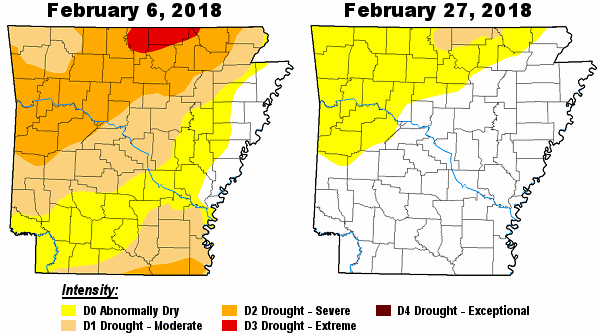 A moderate to severe drought (D1 to D3) on 02/06/2018 was reduced to almost no drought three weeks later.