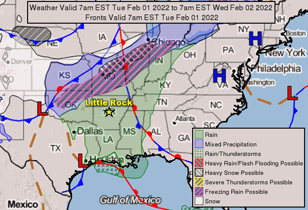 A blast of Arctic air followed a cold front that pushed through Arkansas on 02/02/2022. Given plenty of moisture in place, a wintry mix of precipitation developed, and lasted through early on the 4th.
