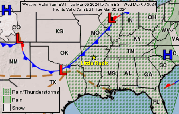 A cold front approached from the Plains on 03/04/2024, and arrived the next day. Ahead of the front, there were isolated instances of severe storms and heavy/excessive rain.