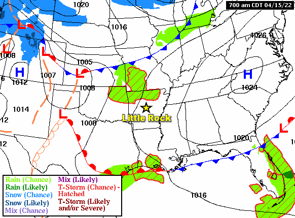 Forecast maps on 04/15/2022 showed a large area of fair weather high pressure ("H") exiting to the east of Arkansas, and a warm front lifting to the north into the state from the Gulf Coast. Warm, moist, and unstable air followed the front. As this was happening, a cold front approached from the north, and scattered strong to severe thunderstorms developed in northern and western sections of the state during the evening and overnight hours.