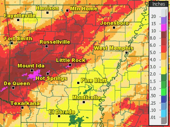 Precipitation across Arkansas.