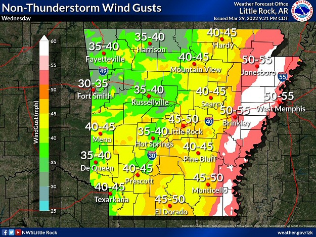 The forecast called for non-thunderstorm wind gusts to exceed 50 mph in parts of eastern Arkansas on 03/30/2022.