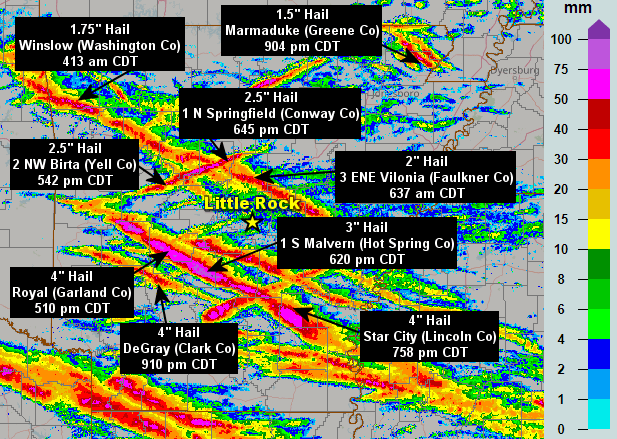 Swaths of large hail revealed the paths of severe storms (mostly from northwest to southeast) on 06/14/2023. Hail was up to two inches in diameter during the morning, and up to softball size (four inches in diameter) in the afternoon/evening.
