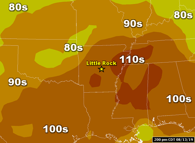 Heat index values topped 110 degrees in parts of southern and eastern Arkansas at 200 pm CDT on 08/13/2019.