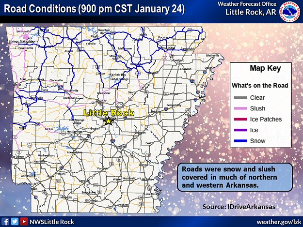 Roads were snow and slush covered across northern and western Arkansas at 900 pm CST on 01/24/2023. The information is courtesy of IDriveArkansas.