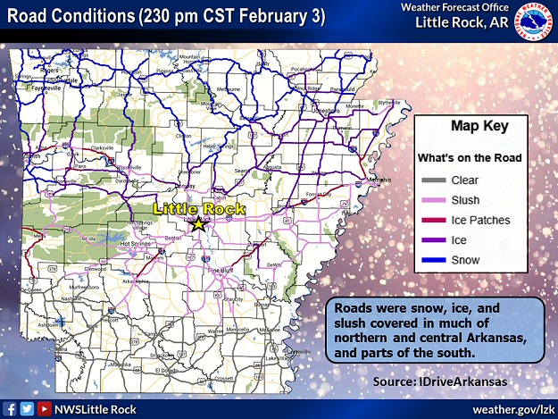 Roads were snow, ice, and slush covered in much of northern and central Arkansas (where temperatures were subfreezing), and parts of the south during the afternoon of 02/03/2022. The information is courtesy of IDriveArkansas.
