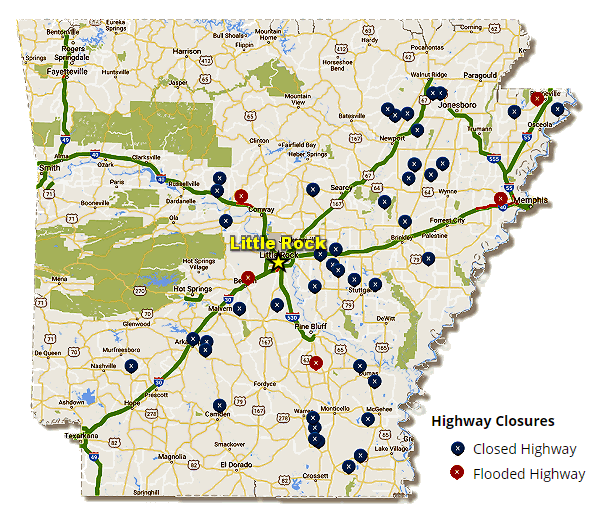 There were many closed highways due to high water across southern and eastern Arkansas on 03/01/2018. The information is courtesy of IDriveArkansas.