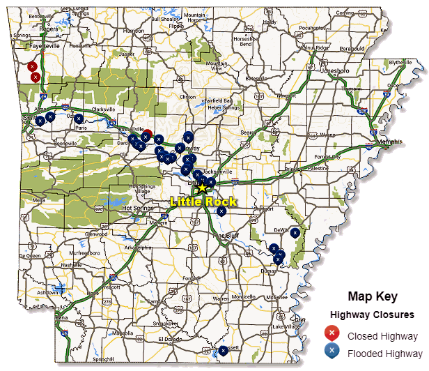 The path of the Arkansas River was clearly marked by flooded highways from west central through central and southeast Arkansas on 06/07/2019.