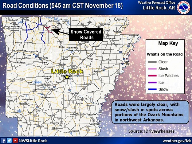 Roads were snow or slush covered in northwest Arkansas early on 11/18/2022. The information is courtesy of IDriveArkansas.