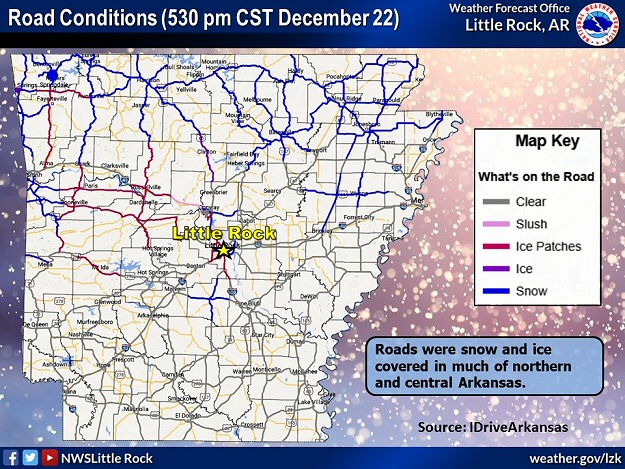 Snow and ice covered roads in northern and central Arkansas at 530 pm CST on 12/22/2022. The information is courtesy of IDriveArkansas.