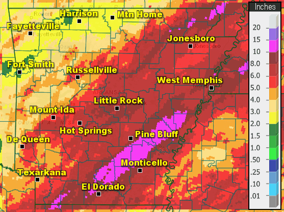 Precipitation across Arkansas.