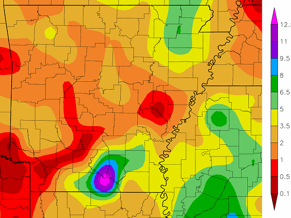 Precipitation across Arkansas.