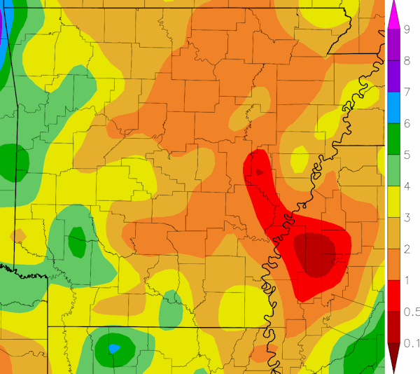 Precipitation across Arkansas.