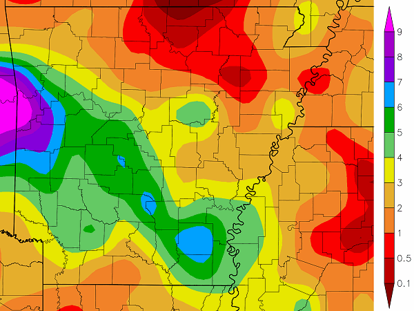 Precipitation across Arkansas.