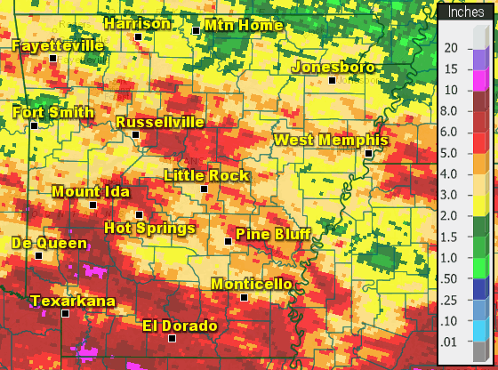 Precipitation across Arkansas.