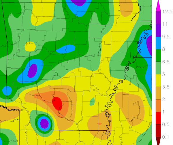 Precipitation across Arkansas.
