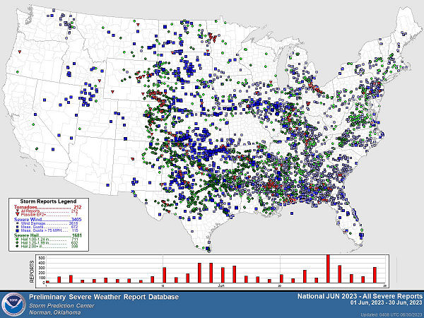 A CONUS map that displays hail, wind and tornado storm reports. 