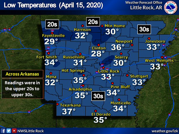 There was a freeze on 04/15/2020, especially in parts of northern and central Arkansas.