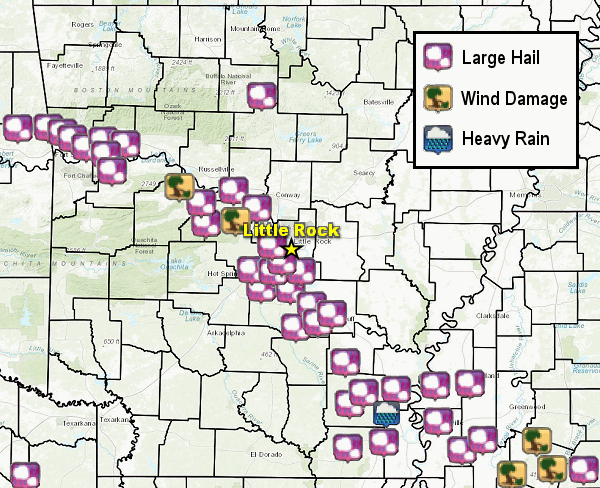 There was a swath of large hail from around Fort Smith (Sebastian County) to just south of Little Rock (Pulaski County) to Monticello (Drew County) during the afternoon and evening of 03/10/2018.