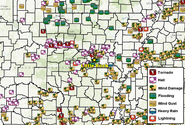 Severe weather reports on April 11-13, 2022. Hail and isolated tornadoes were concentrated from west central into central Arkansas on the 11th. There was a lull on the 12th (except for a brief tornado in the southwest), with wind damage and flash flooding (and a tornado) from southern into central/eastern sections of the state on the 13th. There was also flash flooding in the north on the 13th.