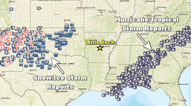 There were many reports of an ice storm and accumulating snow to the west of Arkansas, and hurricane/tropical storm conditions south and east of the state in the sixty hour period ending at 700 pm CDT on 10/29/2020.