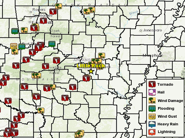 Severe weather reports and tornado tracks (in the Little Rock County Warning Area) on 11/04/2022.