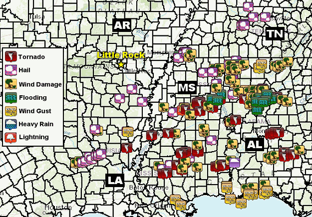 Severe weather reports in the twenty four hour period ending at 600 am CST on 11/30/2022. Tornadoes stayed south and east of Arkansas.