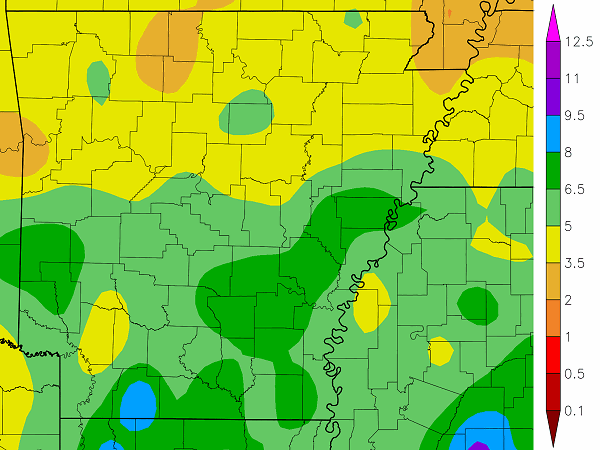 Precipitation across Arkansas.