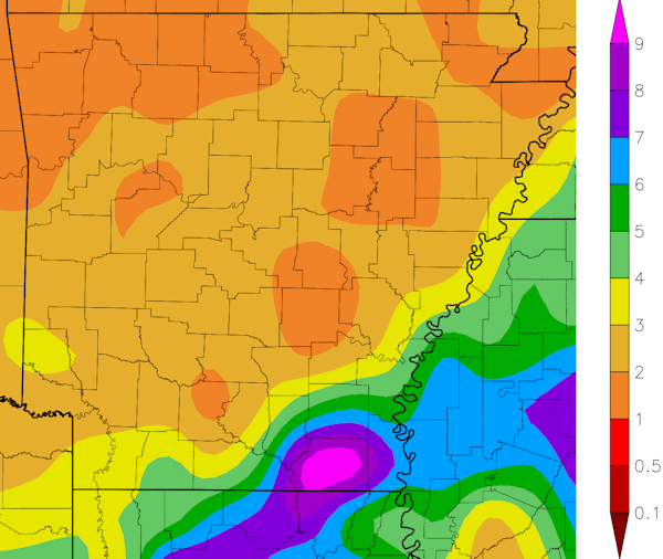 Precipitation across Arkansas.