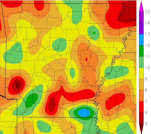 Precipitation across Arkansas.