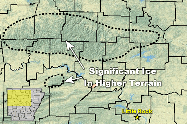 There was significant icing (a half inch or more in spots) in the higher elevations of northern and western Arkansas on 01/22/2020 and early the next morning.