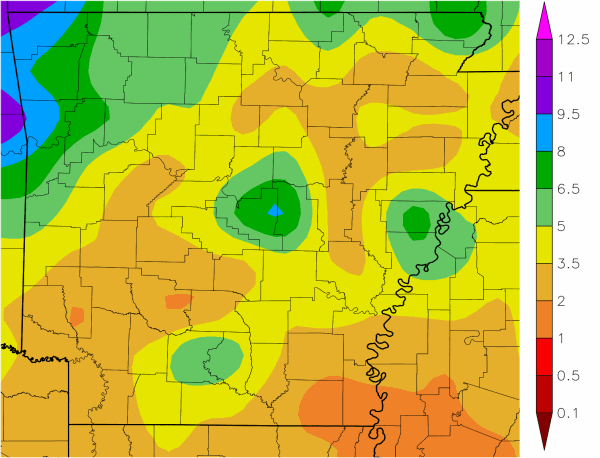 Precipitation across Arkansas.