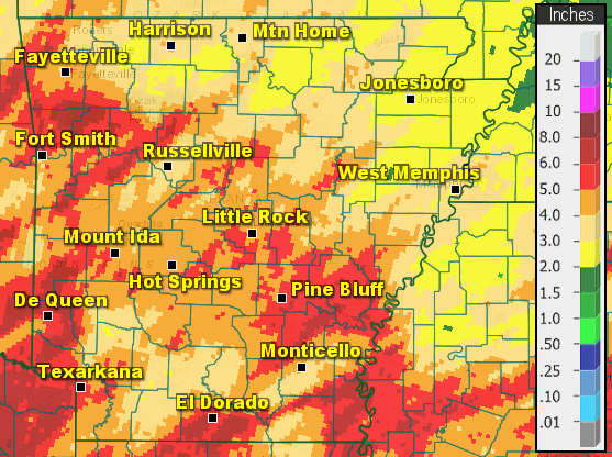 Precipitation across Arkansas.