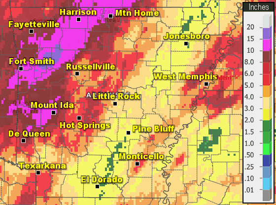 Precipitation across Arkansas.