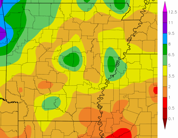 Precipitation across Arkansas.