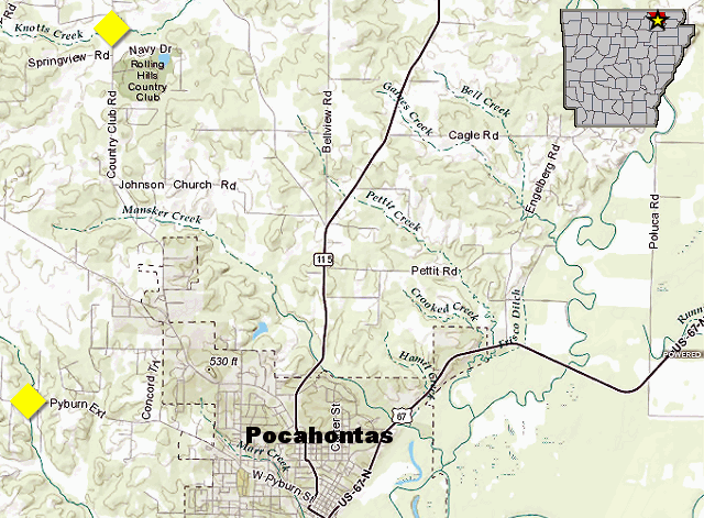 Map of Pocahontas (Randolph County), with high water sign placement in yellow.