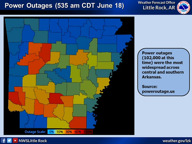Just over 100,000 utility customers were without power as of 535 am CDT on 06/18/2023 (courtesy of PowerOutage.us).