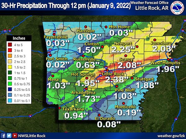 Rain was observed across the state from January 8-9, 2022 with the heaviest totals from central to northeast Arkansas. 