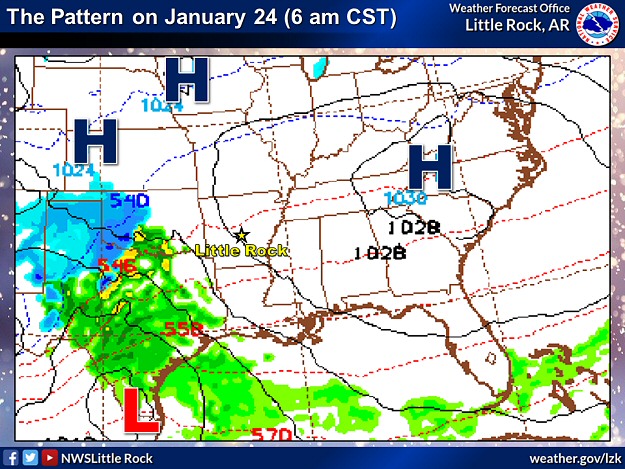 This forecast model showed a storm system ("L") tracking from southern Texas to western Kentucky in the twenty four hour period ending at 600 am CST on 01/25/2023. The system spread snow across northern and western Arkansas, and triggered severe thunderstorms along the Gulf Coast.