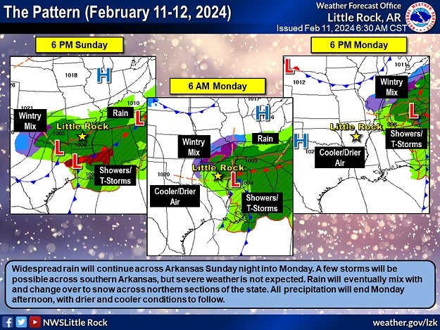 A storm system ("L") tracking from Texas to the Tennessee Valley spread moisture into Arkansas on 02/12/2024. Temperatures were cold enough to support snow in northern Arkansas (mainly the Ozark Mountains), with scattered showers and isolated thunderstorms elsewhere.