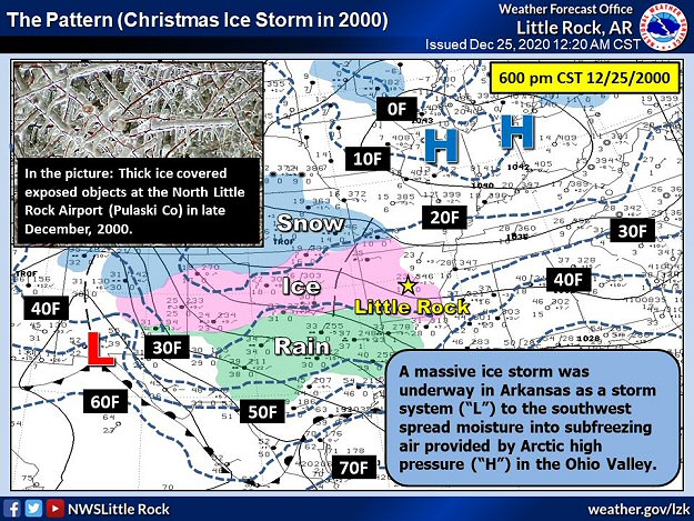 A massive ice storm was underway in Arkansas as moisture spread into subfreezing conditions by the early evening of 12/25/2000. The high temperature for the day was only 26 degrees F at Little Rock (Pulaski County).