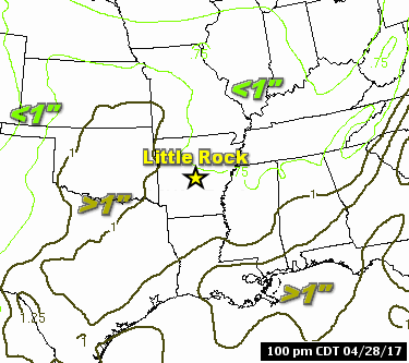 Precipitable water (PWAT), or water vapor contained in a vertical column of the atmosphere, climbed to close to double the average by 100 pm CDT on 04/29/2017. Values were as high as 1.59 inches at the North Little Rock Airport (Pulaski County) by 700 pm CDT. Typically in late April, values are between 0.75 inch and 1.00 inch.