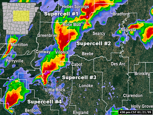 The WSR-88D (Doppler Weather Radar) showed four supercells (storms with rotating updrafts capable of producing tornadoes) at 430 pm CST on 01/21/1999. Strong rotation was noted in these storms. 