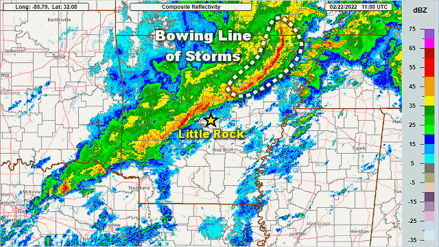 The WSR-88D (Doppler Weather Radar) showed a bowing line of thunderstorms tracking quickly through areas north and west of Little Rock (Pulaski County) and producing strong to damaging winds during the predawn hours of 02/22/2022.