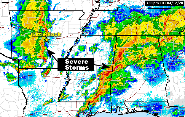 The WSR-88D (Doppler Weather Radar) showed severe thunderstorms surging from western into central Arkansas, with more severe weather in portions of Alabama and Mississippi at 758 pm CDT on 04/12/2020.